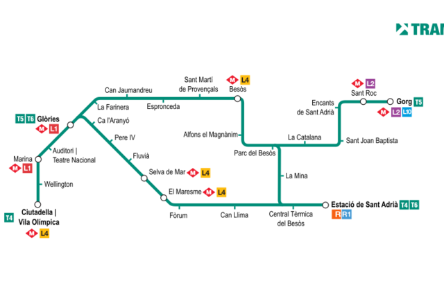 карта маршрутов трамваев Trambesos в Барселоне